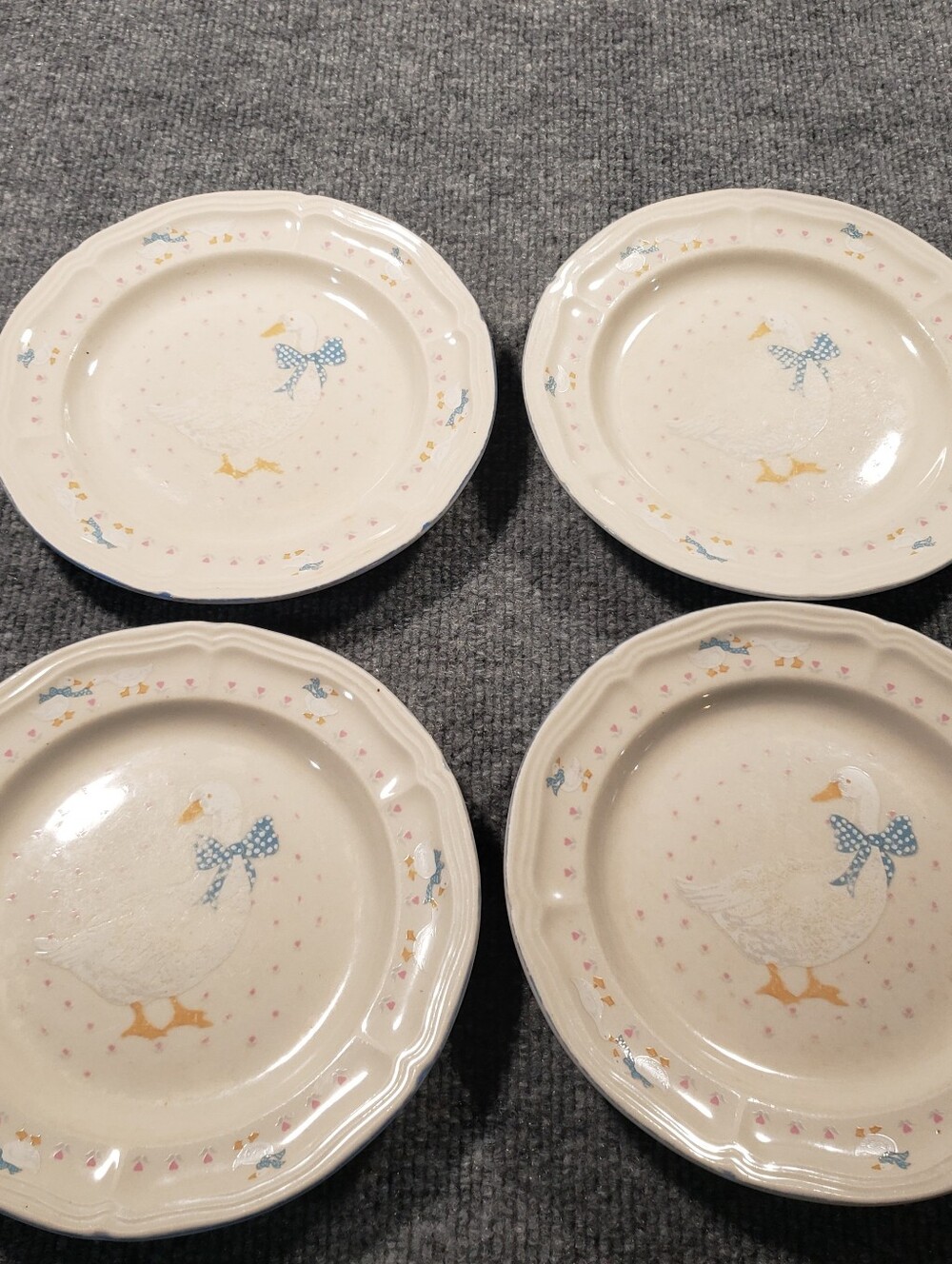 VTG Aunt Rhody Blue Bow Goose Set Of 4 Salad Plates Brickoven Stoneware...